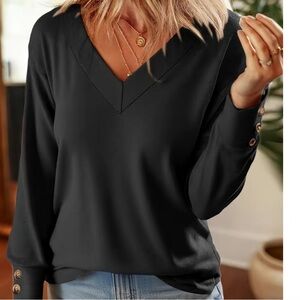 Stylish Black V-Neck Blouse with Button Details